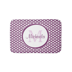 Modern Purple and White Scallops Monogram and Name Bath Mat
