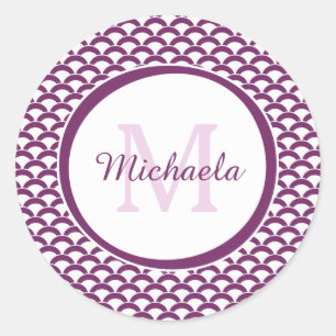 Modern Purple and White Scallops Monogram and Name Classic Round Sticker