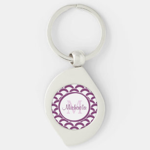 Modern Purple and White Scallops Monogram and Name Key Ring