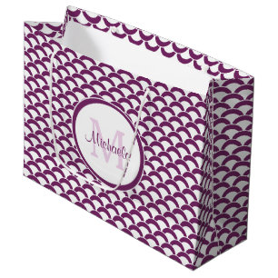 Modern Purple and White Scallops Monogram and Name Large Gift Bag
