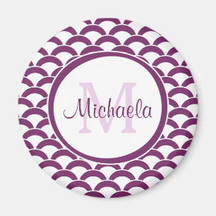 Modern Purple and White Scallops Monogram and Name Magnet