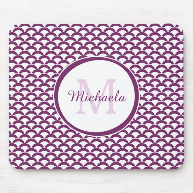 Modern Purple and White Scallops Monogram and Name Mouse Pad (Front)