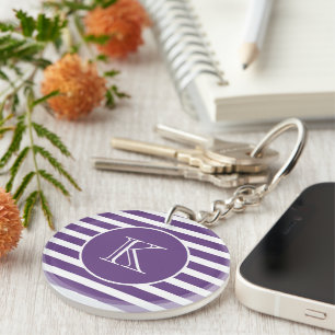 Modern Purple and White Stripes with Monogram Key Ring