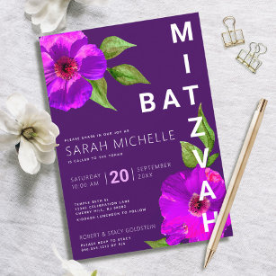 Modern Purple Bat Mitzvah Pink Floral Watercolor Invitation