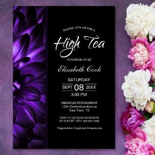 Modern Purple Black Floral High Tea Bridal Shower Invitation