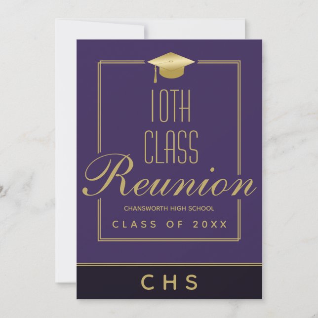 Modern Purple Black Gold Script 10th Class Reunion Invitation (Front)