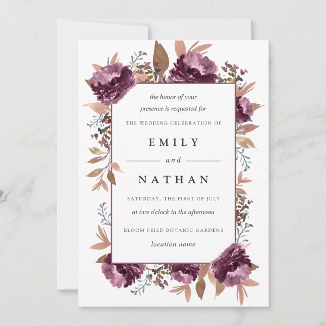 Modern Purple Bloom Watercolor Wedding Invitation (Front)