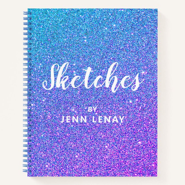 Modern Purple Blue Glitter Name Script Sketchbook Notebook (Front)