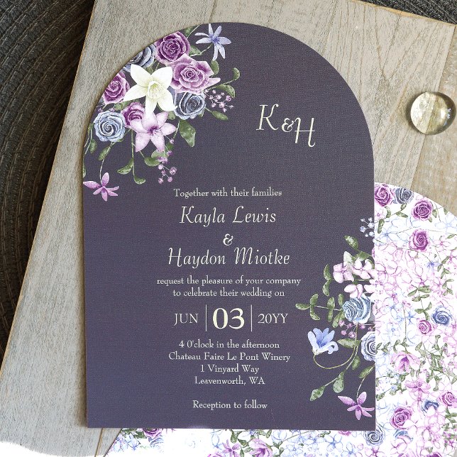 Modern Purple, Blue, Grey Rose Garden Wedding Invitation (modern arched slate gray lavender lilac purple blue roses boho wedding invitations bluish gray solid)