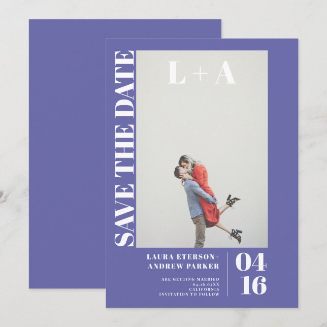 Modern purple blue initial photo save the date (Front/Back)