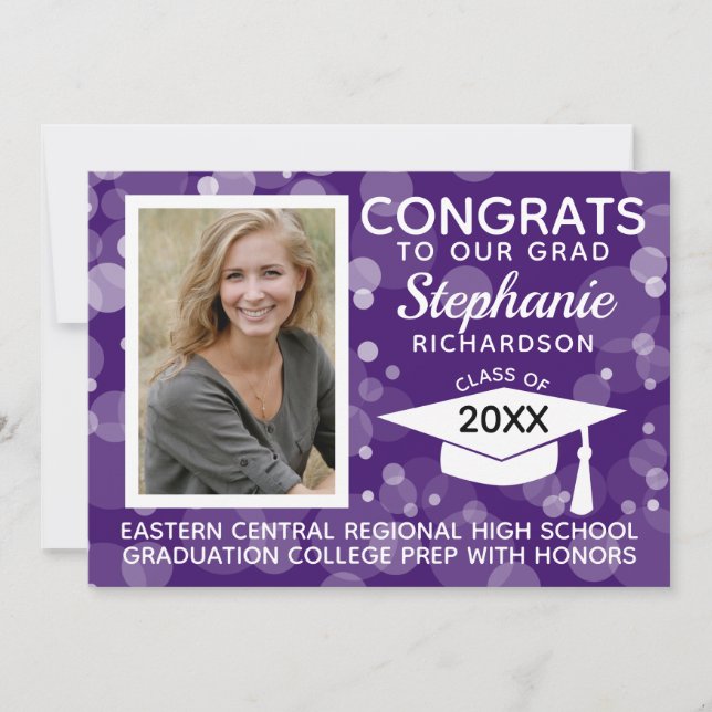 Modern Purple Bokeh Bubbles Photo Graduation Invitation (Front)