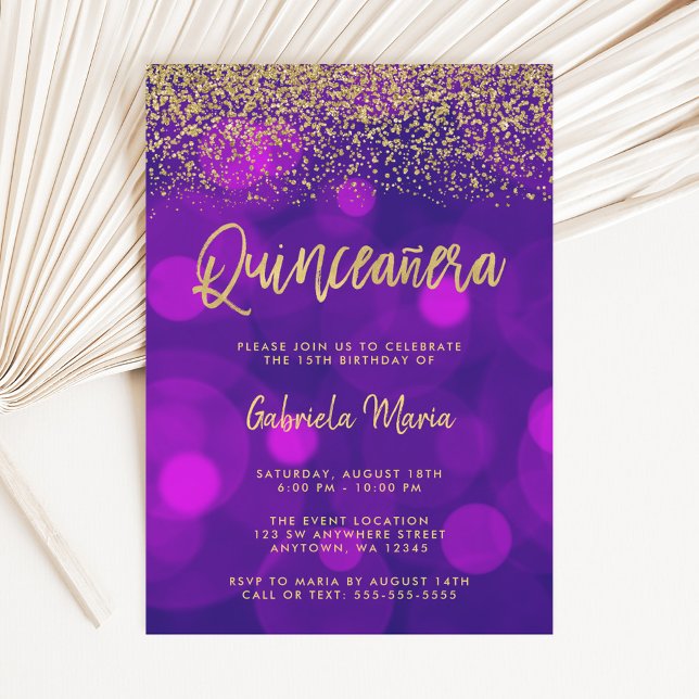 Modern Purple Bokeh Gold Glitter Quinceanera Invitation (Creator Uploaded)
