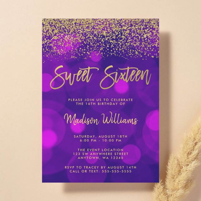 Modern Purple Bokeh Gold Glitter Sweet 16 Invitation (Creator Uploaded)