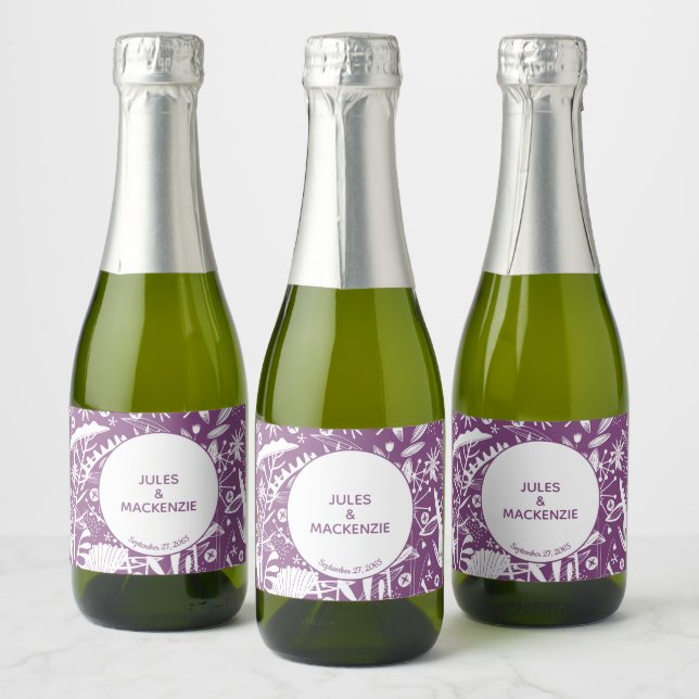 Modern Purple Botanical Wedding Sparkling Wine Label (Bottles)