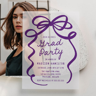 Modern Purple Bow Photo Graduation Party Vellum Invitations