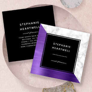 Modern Purple Brushed Metal White Marble Black Square Business Card