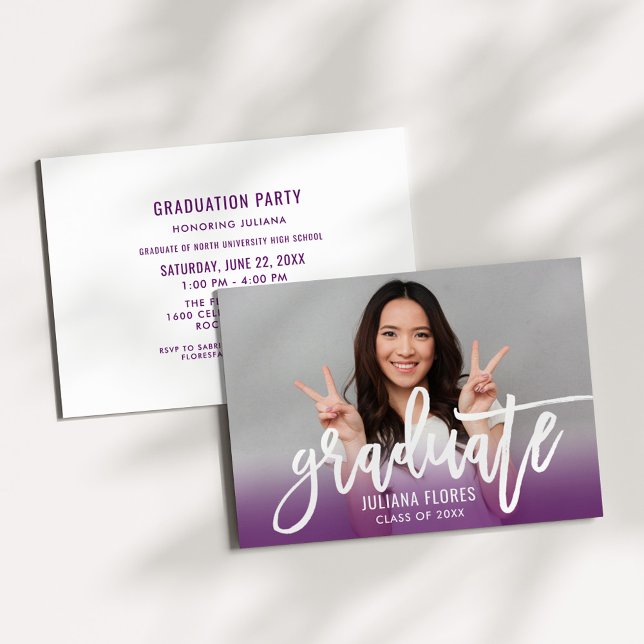 Modern Purple Brushed Script Graduate Photo Invitation (Creator Uploaded)
