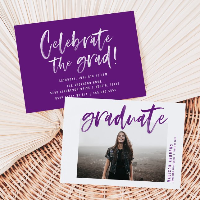 Modern Purple Brushed Script Graduation Party Invitation (Creator Uploaded)