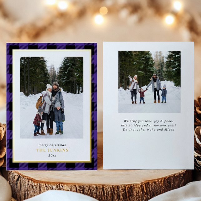 Modern Purple Buffalo Plaid Christmas Two Photos (Creator Uploaded)