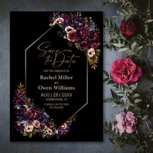 Modern Purple Burgundy Black Floral Wedding Save The Date