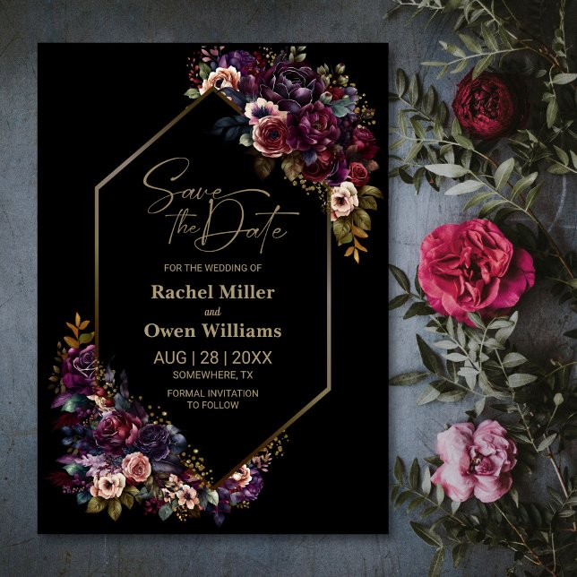 Modern Purple Burgundy Black Floral Wedding Save The Date (Creator Uploaded)