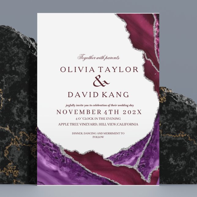 Modern Purple & Burgundy Silver Agate Wedding Invitation (Creator Uploaded)
