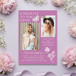 Modern Purple Butterfly Photo Graduation Party Acrylic Invitations