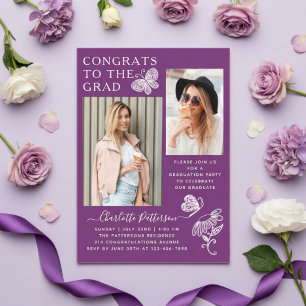 Modern Purple Butterfly Photo Graduation Party Acrylic Invitations