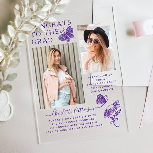 Modern Purple Butterfly Photo Graduation Party Acrylic Invitations