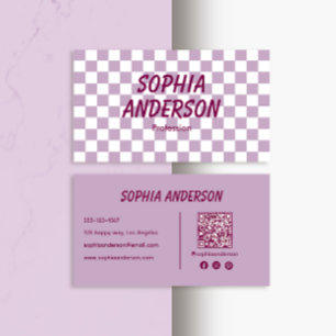 Modern Purple Chequered with QR Code Business Card