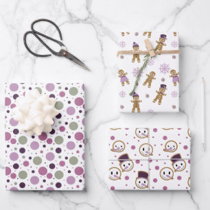 Modern Purple Christmas Snowmen Gingerbread Men Wrapping Paper Sheet