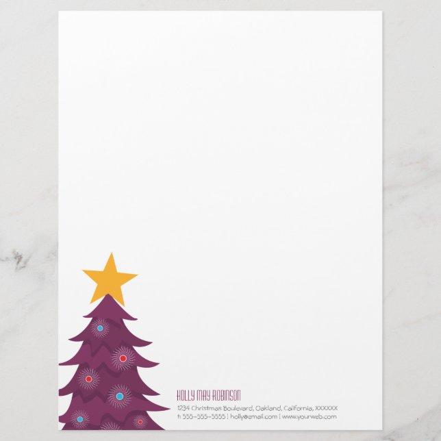 Modern Purple Christmas Tree Personal Letterhead Template (Front)