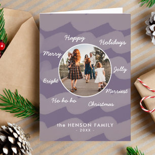 Modern Purple Christmas Wishes Family Photo Holiday Card