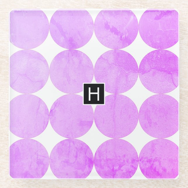 Modern Purple Circles | Monogram Glass Coaster (Front)