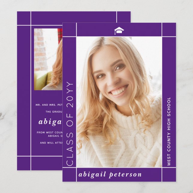 Modern purple Class of 2025 graduation photo Announcement (Front/Back)