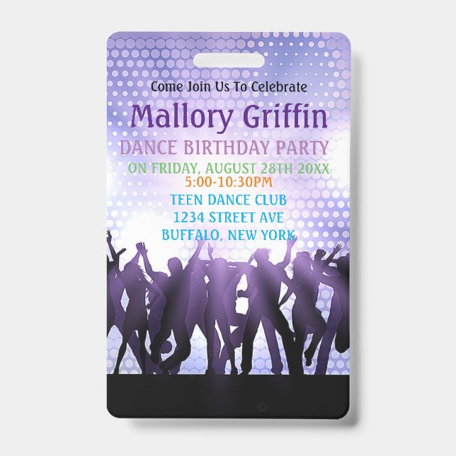 Modern Purple Dance Birthday Party ID Badge (Front)