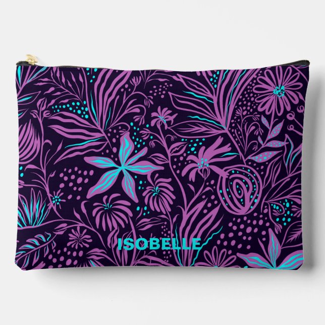 Modern Purple Dark Floral Pattern Personalised Accessory Pouch (Front)