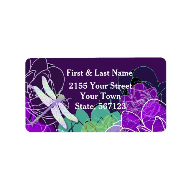 Modern Purple Dragonfly Floral Label (Front)