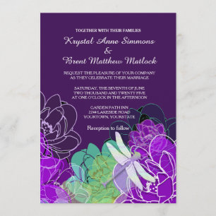 Modern Purple Dragonfly Floral Wedding Invitation