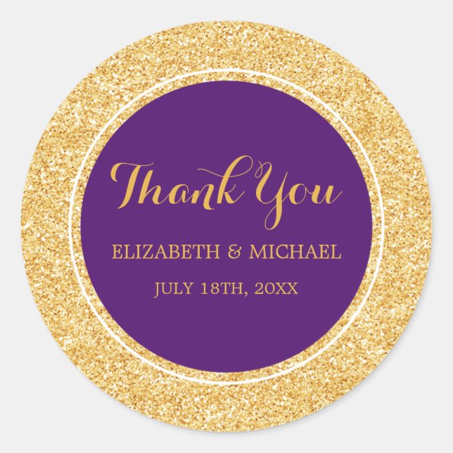Modern Purple Faux Gold Glitter Wedding Thank You Classic Round Sticker (Front)