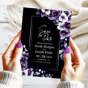 Modern Purple Floral Black Save the Date Invitation