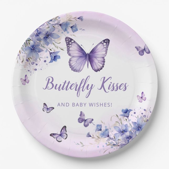 Modern Purple Floral Butterfly Girl Baby Shower  Paper Plate (Front)