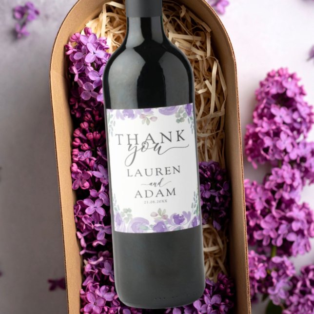 Modern Purple Floral Favour Wedding Wine Label (Creator Uploaded)