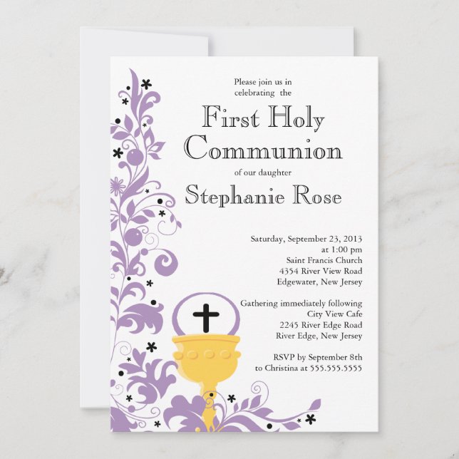Modern Purple Floral First Holy Communion Invitation (Front)