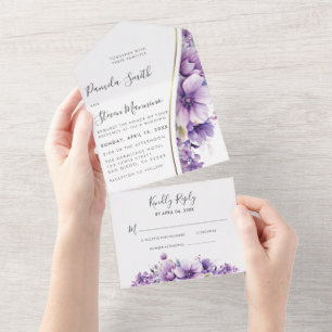 Modern Purple Floral Foliage Wedding with RSVP All In One Invitation