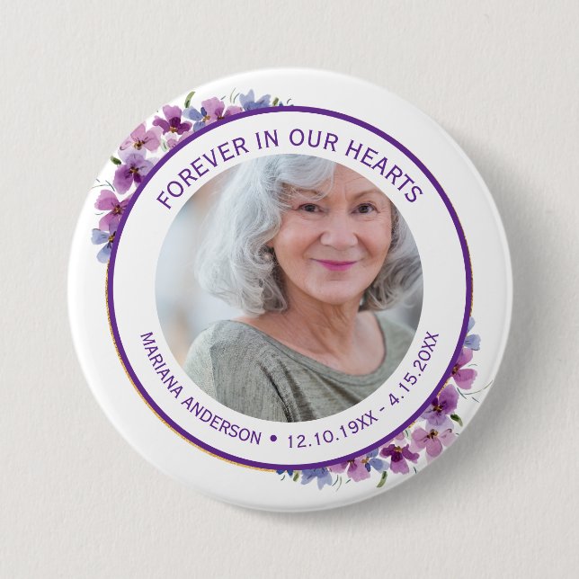 Modern Purple Floral Forever in our Hearts  7.5 Cm Round Badge (Front)