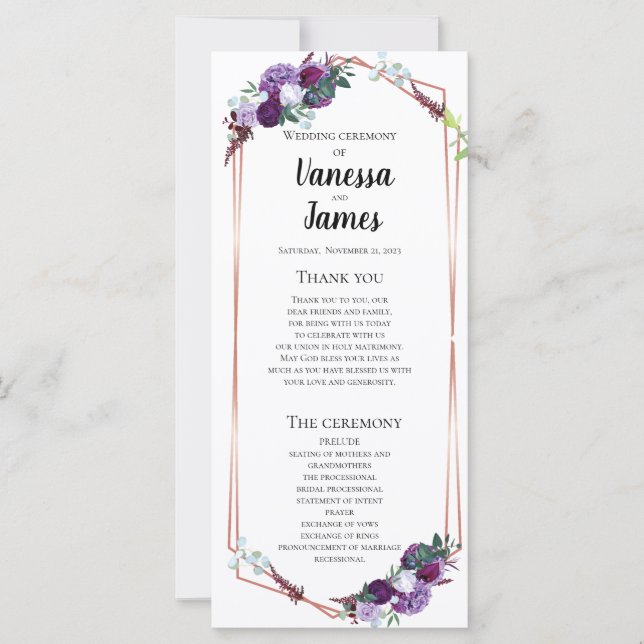 Modern Purple Floral Geometric Wedding Program (Front)