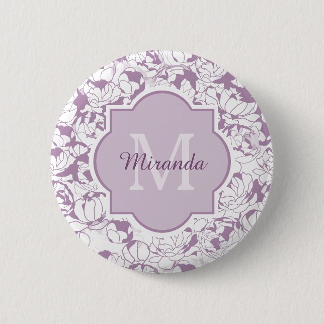 Modern Purple Floral Girly Monogram With Name 6 Cm Round Badge (Front)