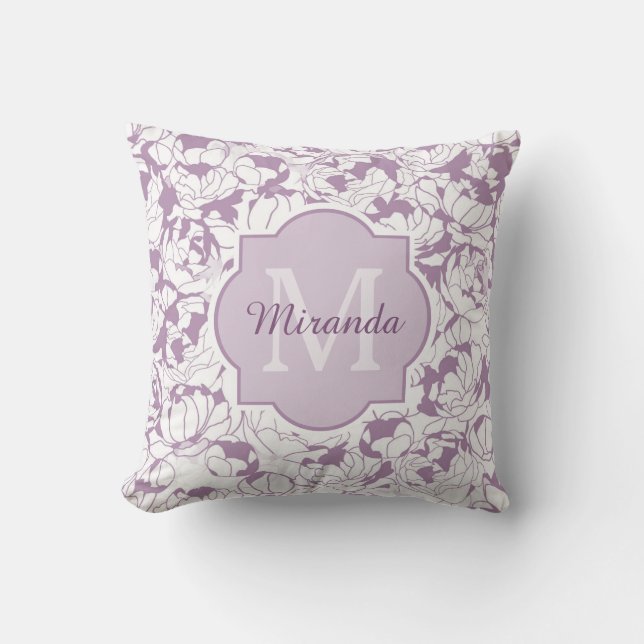 Modern Purple Floral Girly Monogram With Name Cushion (Front)