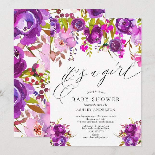 Modern Purple Floral It's a Girl Baby Shower Invitation (Front/Back)